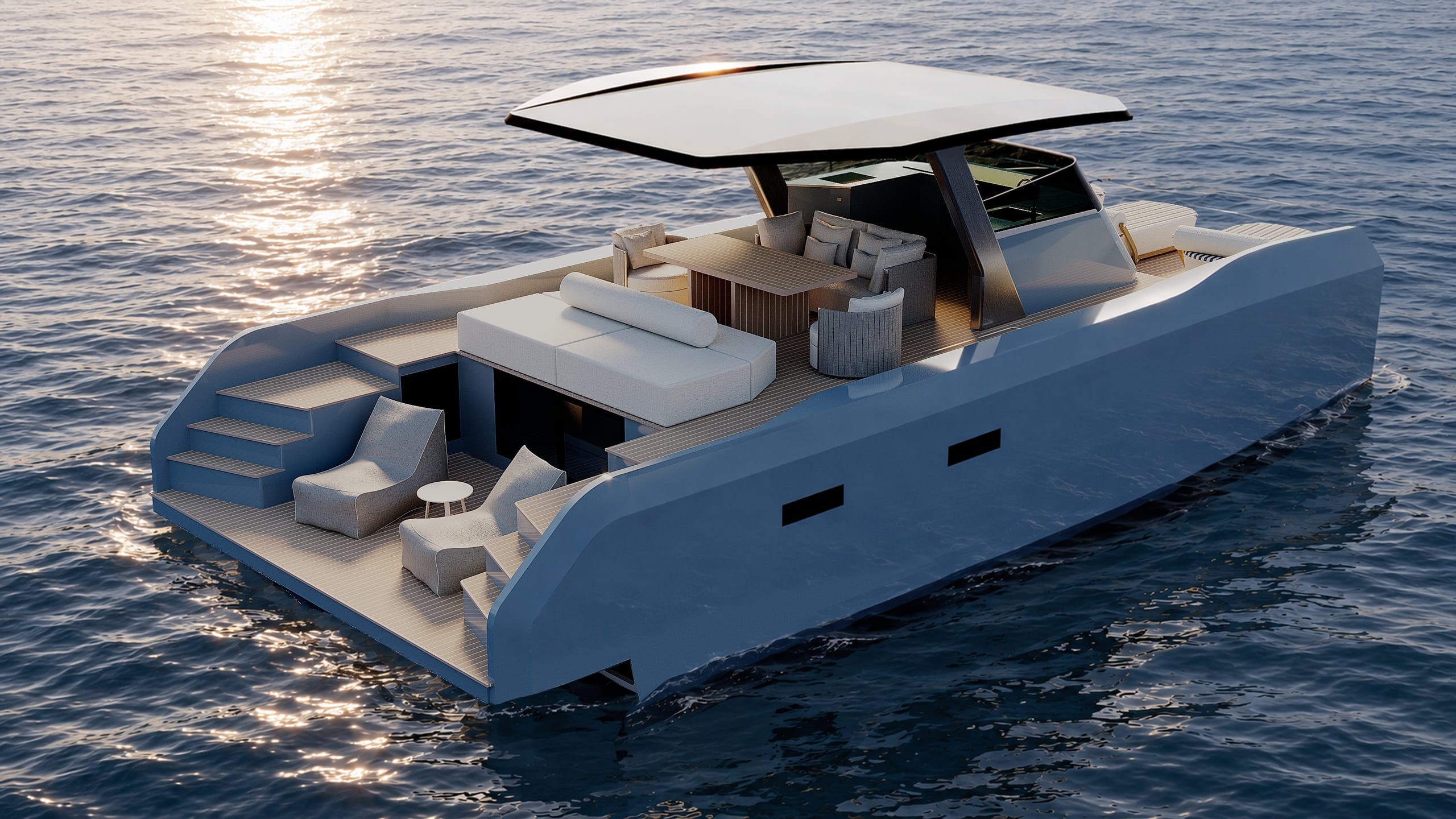 Aquare40 open deck multihull with a continuous terrace on the water